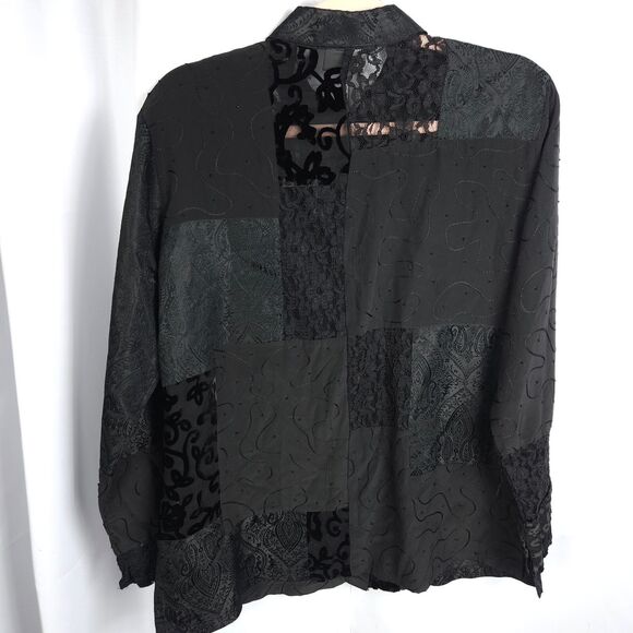 Chico's Design 1 Womens 8 Black Silk Lace Sheer Beaded Button Down Blouse Shirt - Picture 3 of 6